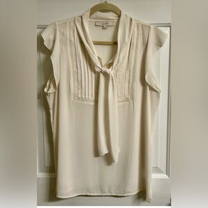 LOFT Pin Tuck Cream Sleeveless Blouse with Tie Detail & Flutter Sleeves Size S